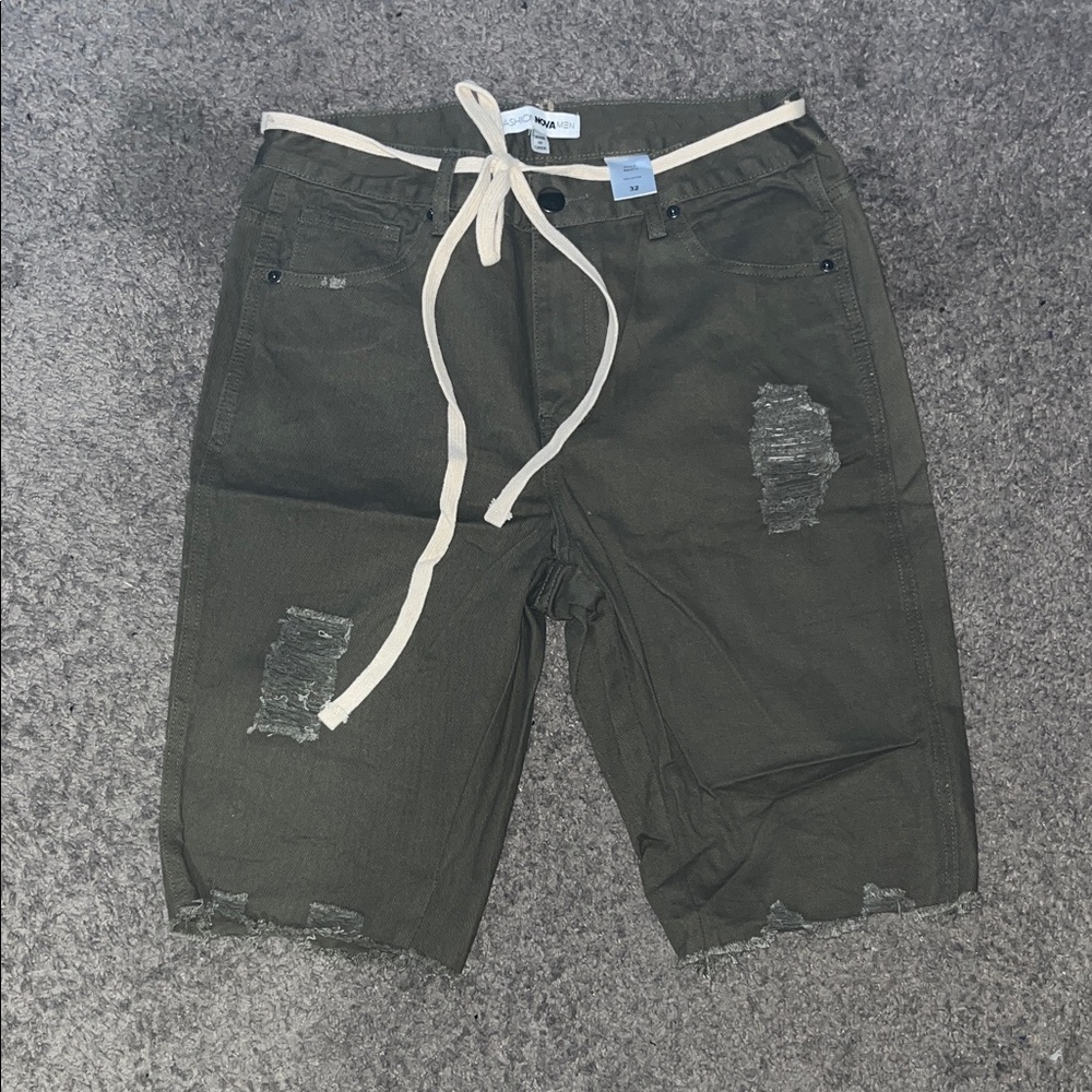 Fashion Nova Olive Distressed Jean Shorts